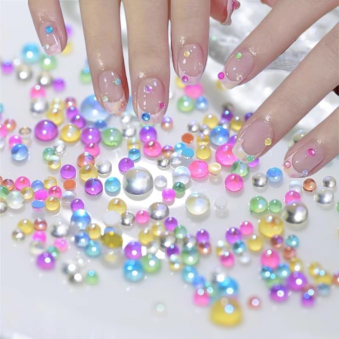 200Pcs Colorful Bubble Beads Mermaid Nail Art Charms Aurora Pearls Candy Caramel Stone Mix Nail Art Rhinestones Half-Round Flat Back Rhinestones for Nails Small Glass for Crafts Nail Art Accessories