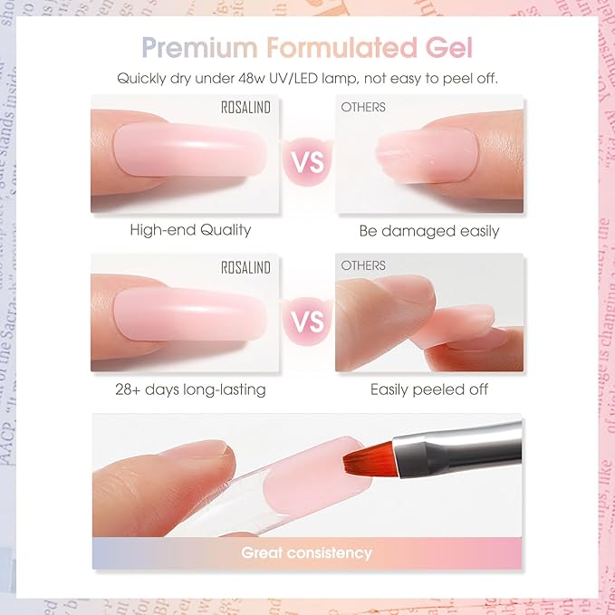 ROSALIND Soft Pink&Opal Extension Gel, 2 PCS 2oz Opal Poly Nail Gel kit Pink Nail for Nail Art Decoration, Builder Pink Gel Nail Thickening Poly Nail Gel Tube Easy to DIY Use Need UV Lamp