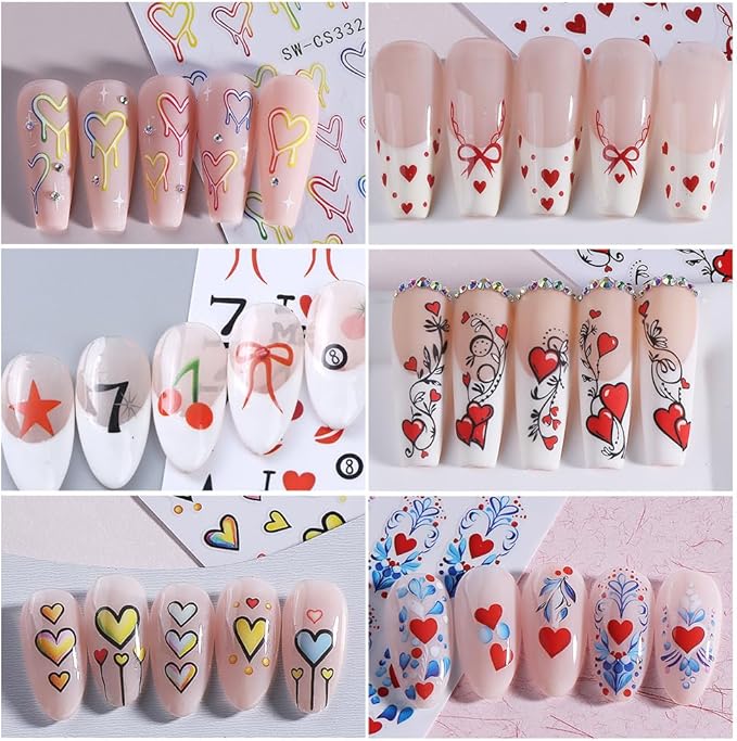 Valentines Nail Art Stickers Decals 12PCS Romantic Heart Bow Nail Decals 3D Self Adhesive Red Pink Colorful Cherry Lips Line Nail Art Design Valentine Manicure Decoration Sticker for Women