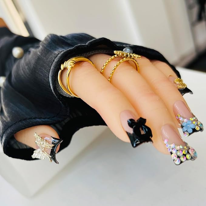 10pcs Handmade Press on Nails for Women - Medium Duck Curve 3D Thick Acrylic Fake Nails Reusable,Designer Floral Butterfly Rhinestones Bling Boho Funky Y2k Nail-art Set,L,black
