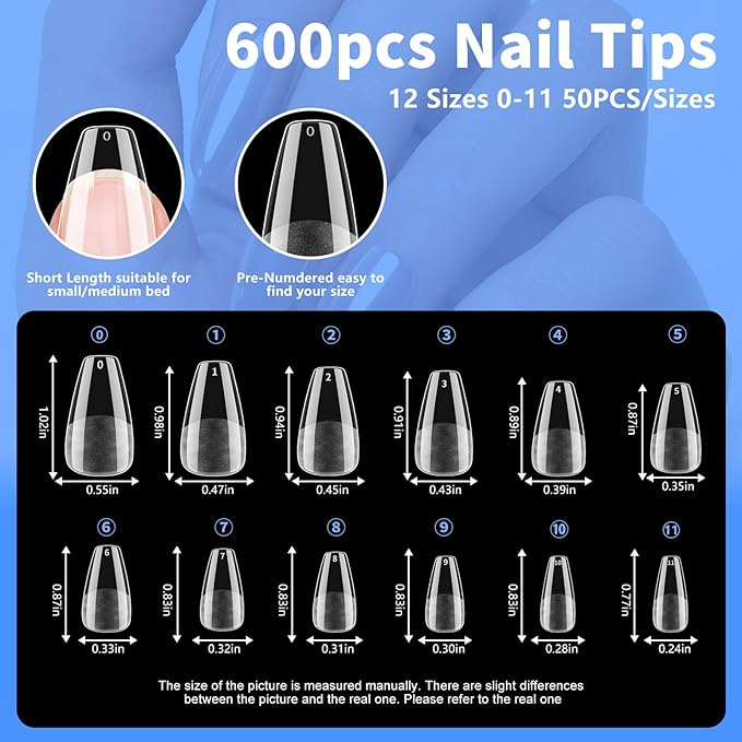 Coffin Nail Tips Press on Nails, Fake Nails for DIY Home Nail Art, Long Full Cover Acrylic Nail Tips 600Pcs, Semi - Matte Finish for Salons & Gifts - Viywicz