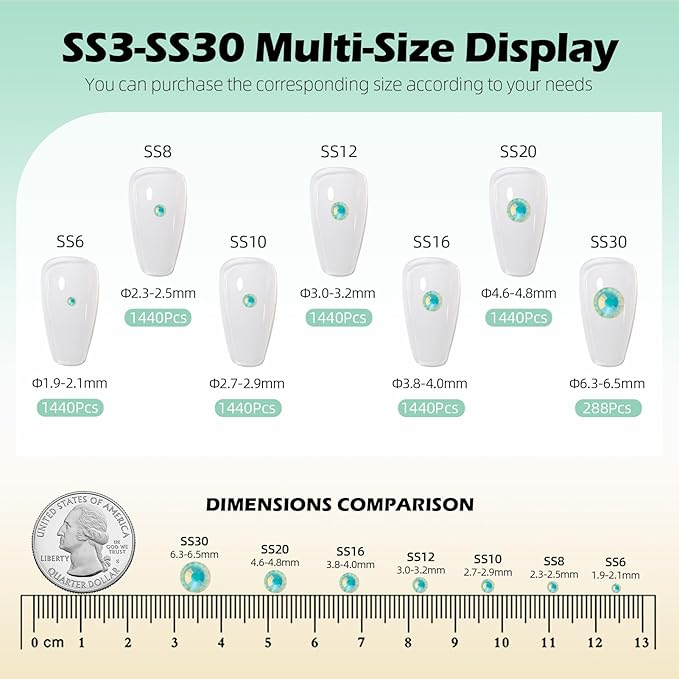 F Light Green Flatback Rhinestones, Glass Rhinestones for Nail Art and Craft, Glue Fix, Loose Crystal Gemstones(F Light Green, SS20, 1440pcs, 4.6-4.8mm)