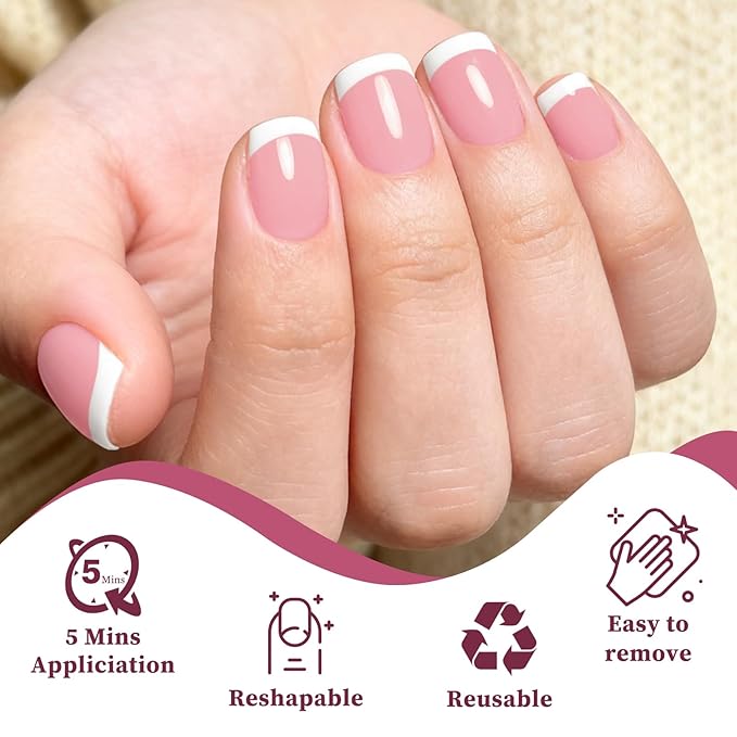 240PC White French Tip Press on Nails Short Fake Nails Press ons with 5*Adhesive Tabs, Pink Square Acrylic Nail Press on Nail French Tip Nails False Artificial Fingernails Stick on Nails-C