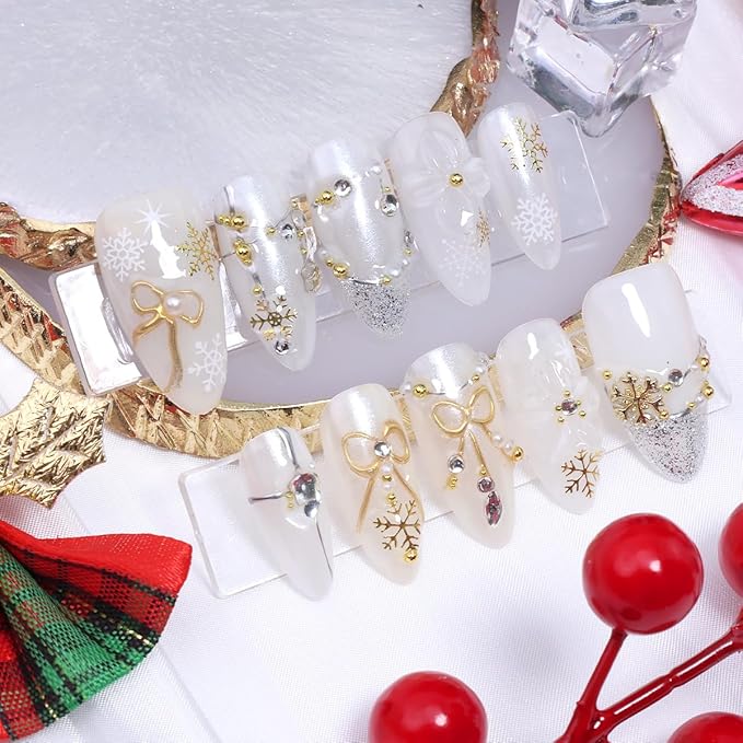 10Pcs Christmas Handmade Press on Nails Medium Almond Fake Nails White Flower False Nails with Gold Bow Snowflake Rhinestones Design Full Cover Artificial Glue on Nails Winter Stick on Nail for Women