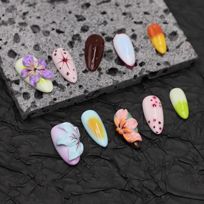Handmade Press on Nails Medium Almond Thick Acrylic Nails with Glue,Tropical Flower Art Fake Nails with Water Droplet Pattern Designs Nature Stick on Nail False Nails for Wome (Size M)