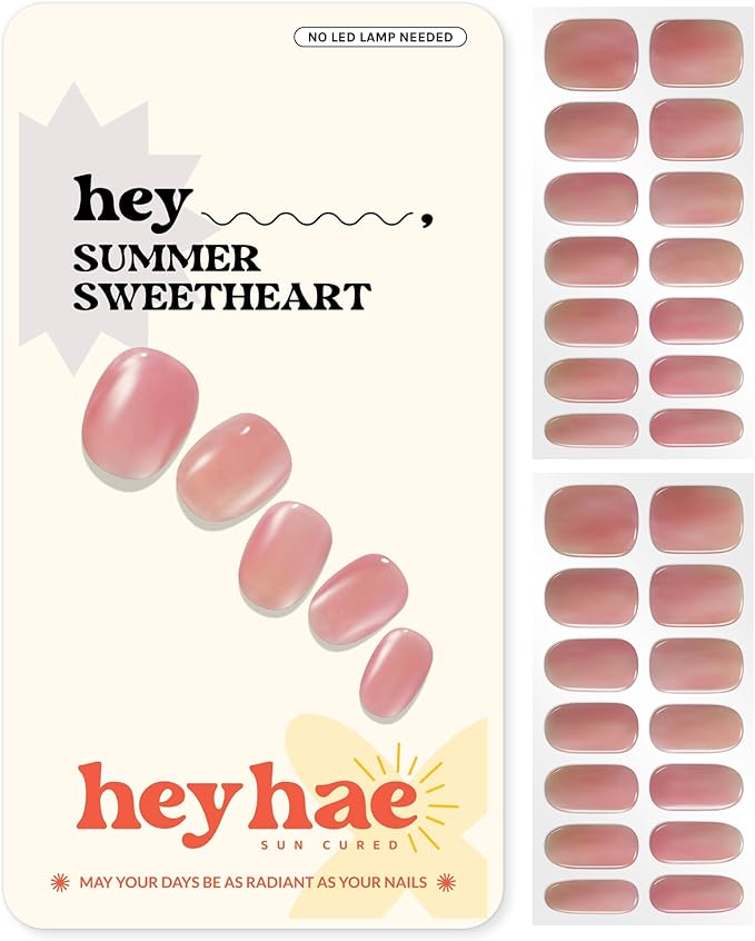 Heyhae Semi Cured Gel Nail Strips | No LED Lamp Needed | Solid, Pink, Spring | Easy Apply & Remove, Salon Quality | Includes 28 Strips, 1 Prep Pads, Nail File & Wooden Stick - Hey, Summer Sweetheart