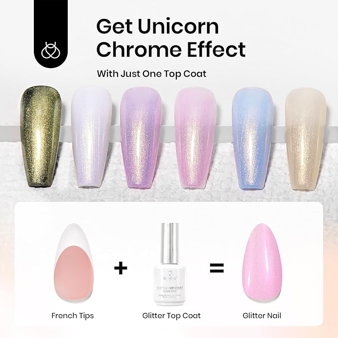 Beetles Hema Free Glitter Gel Top Coat for French Tip Press on Nails Pearl Shimmer Glitter Green 2-IN-1 No Wipe Top Coat, Long Lasting Soak Off Top Coat 15ml