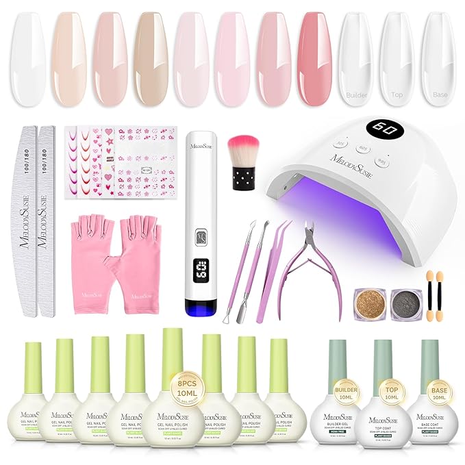 MelodySusie Gel Nail Polish Kit with P-Plus30F UV Nail Lamp - Handheld Cordless P-Art01R UV Light Classic Popular Colors Plant Based Gel Polish with Top Coat Base Coat Builder Manicure Tools