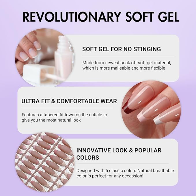 Gel French Tip Nails Long Coffin French Tip Press on Nails White French Nail Tips 150Pcs Pre-applied Tip Primer Natural Skin Tones Fake Nails Extensions Gel Nail Kit for Women Girls DIY