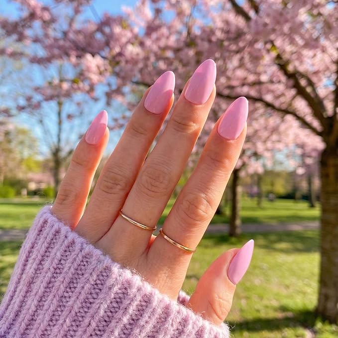 Pink Press On Nails Short 16 Sizes 32pcs Almond Fake Nails Glossy, Nail Glue Included