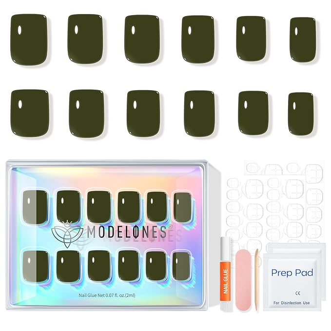 Modelones Moss Green Press on Nails, Short Square Fake Nails, Reusable Nail Kit with Nail Glue Adhesive Tabs Mini Nail File, Spring Nails Press Ons 32Pcs16 Sizes, Women Girl Gift