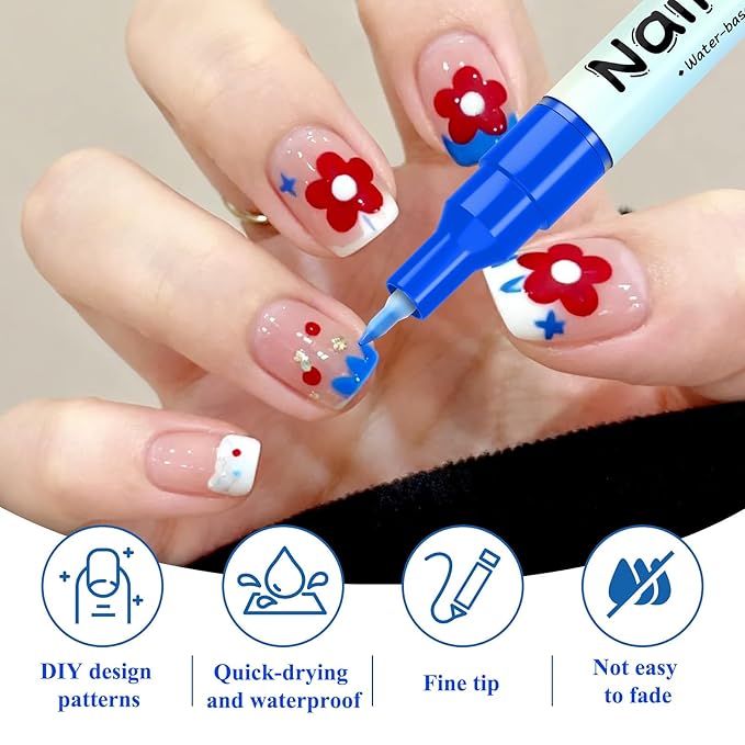 12 Colors Nail Art Marker Pens, Water Based Nail Art Pens for Painting Nail Point Graffiti Dotting Liner Pen for Home Salon Quick Dry Manicure
