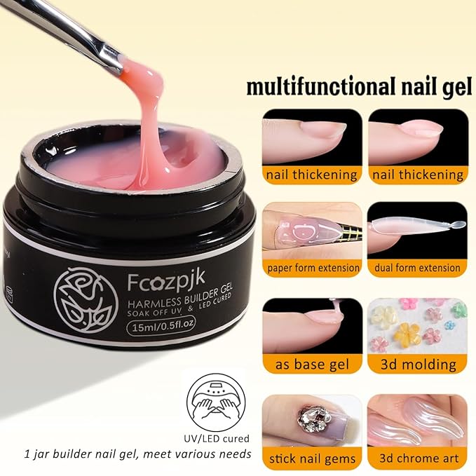 Builder Gel for Nails, 4 Colors Thickening Builder Nail Gel Clear Milky White Nude Pink Nail Strengthener Gels Kit with Brush Pen Soak Off UV Polish Nail Extension Manicure Supplies