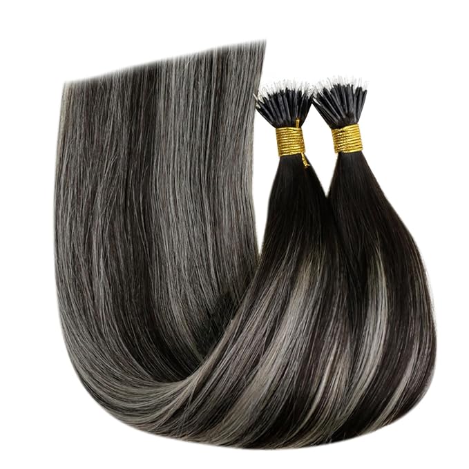 RUNATURE Nano Hair Extensions Human Hair Black Ombre Silver, 14 Inch 50G 50S, Remy Soft Straight Nano Ring Hair Extensions for Women, Cold Fusion, Can Be Styled with Heat, Add Hair Volume