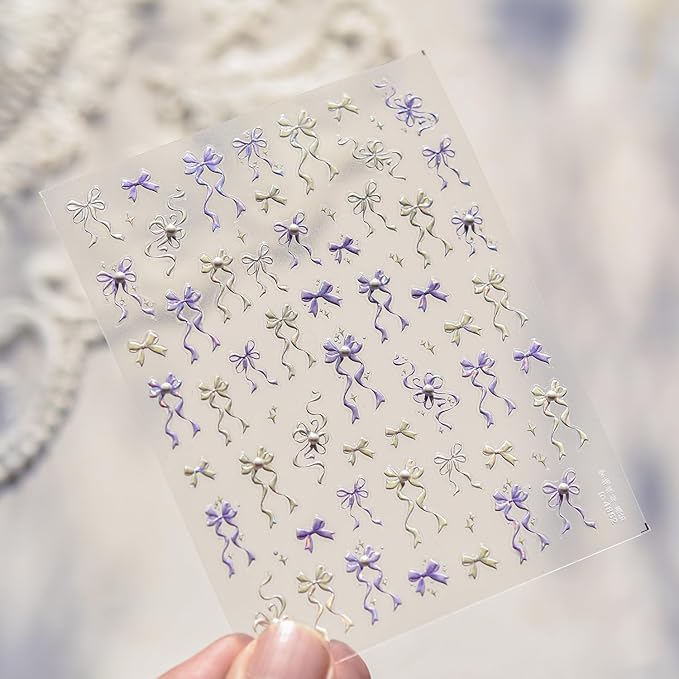 Bow Nail Stickers Ribbon Bowknot Nail Decals 5D Embossed with Pearl Design Self Adhesive Manicure Charms for Women Girla Kid Nails Supply Decoration
