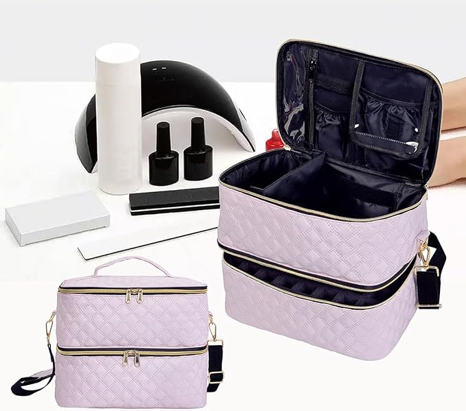 Nail Polish Organizer Case Holds 40 Bottles(15ml/0.5fl.oz) and Nail Lamp, Double Layer Nail Polish Storage with Adjustable Dividers,Portable Carrying Bag for Nail Kit, Manicure Tools Pink