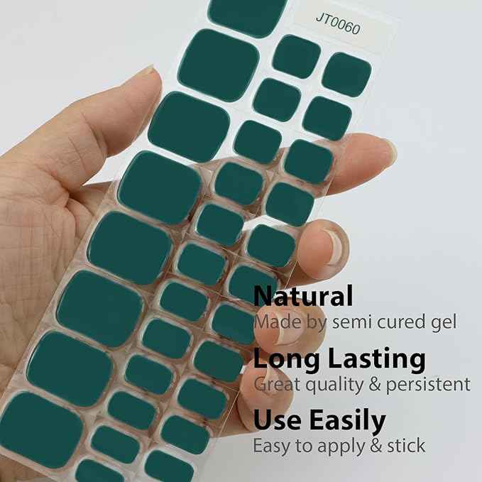 32 Pcs Semi Cured Gel Toe Nail Strips Teal Solid Gel Nail Stickers Full Cover Green Nails Wraps Self Adhesive Toe Nails Polish Strips Stickers for Women UV/LED Light Required
