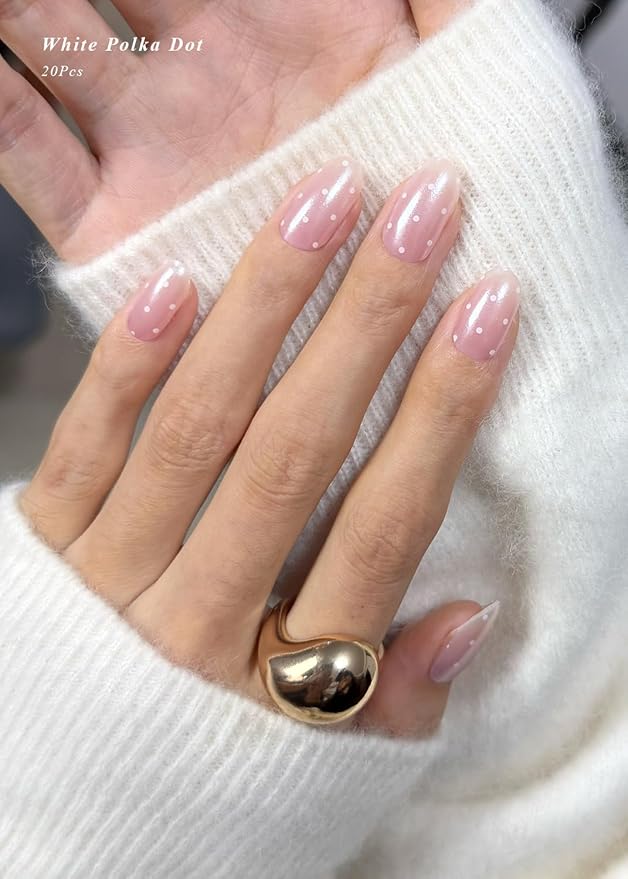 Semi Cured Gel Nail Strips (White Polka Dot), Pearl, Chrome, 20 Pcs Gel Nail Wraps, Stickers, Long Lasting, Works With Any UV Lamps
