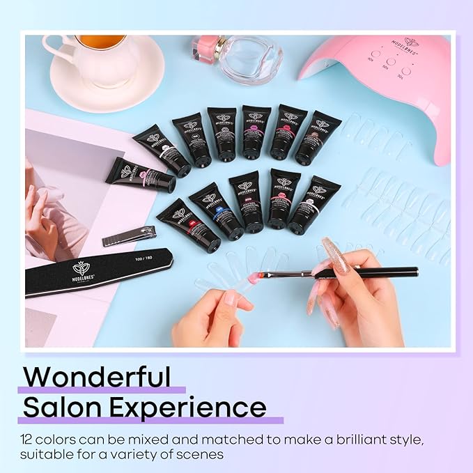 modelones 12 Colors Poly Nail Extension Gel Kit Pink Black White Red Glitter All Seasons Classic Colors Builder Nail Gel Set Holiday Manicure DIY Design Salon at Home Beauty Gifts