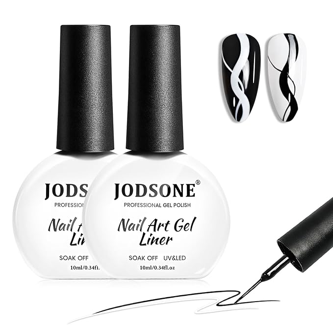 JODSONE 2Pcs Swirl Nail Art Liner Gel Polish,10ml Classic Color 3D Nail Art Pens Effect Nail Print Design with Thin Brush for French Tips Manicure Painting DIY at Home,Black & White