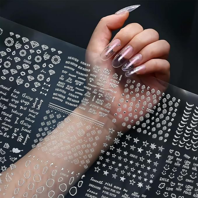 Silver Star Moon Nail Charms Nail Art Kit with 30 Sheets Silver Nail Art Stickers 3D Self-Adhesive SIlver Nail Decals Nail Supplies for Women Acrylic Nail DIY Manicure Kit with tweezer,Pick up Pencil