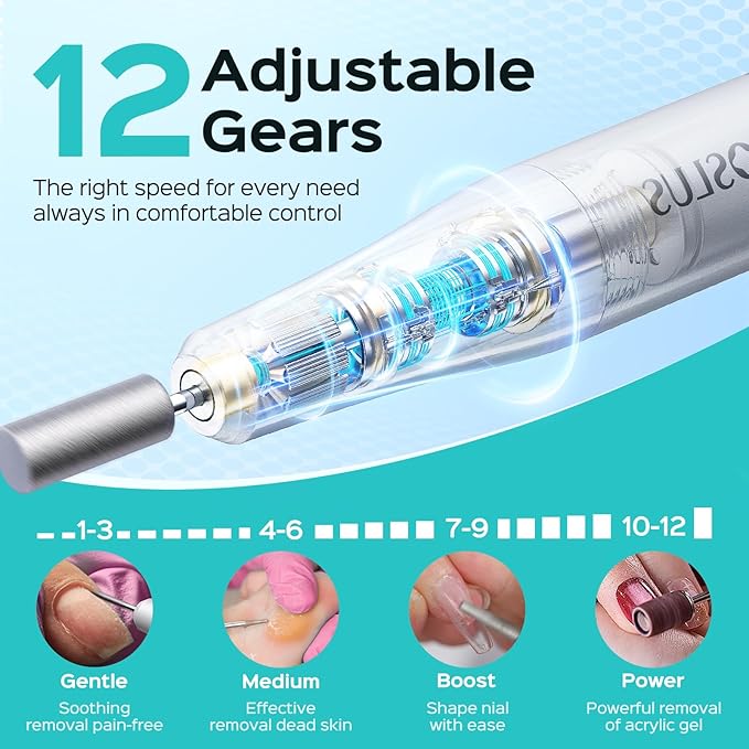 COSLUS C50 Cordless Electric Nail Drill : 12-Speed Professional Nail File with LED Display for All Manicure Shaping & Gel Removal, Nail Art Practice Essentials, Home DIY & Portable Travel Use, Grey
