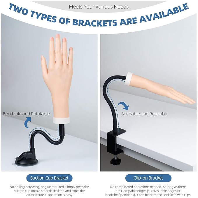 Practice Hand for Acrylic Nails, Flexible Bendable Fake Hand with Adjustable Stand, Nail Training Kit Mannequin Hand for Beginners & Nail Artists (Suction Cup Stand)