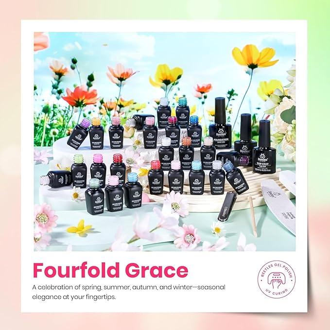 Beetles Gel Nail Polish Set - Fourfold Grace Collection, 25 Colors Baby Blue Biush Pink Gel Polish Set Spring Colors with Base Top Coat Soak off UV Gel DIY Nail Art Manicure Gift for Women