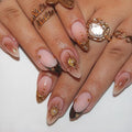 24Pcs Gold French Tip Press on Nails Medium Almond Fake Nails 3D Pearl Sun Star Acrylic Nails Gold Beads Full Cover French Tip False Nails Glossy Chrome Glue on Nails Reusable Stick on Nails for Women