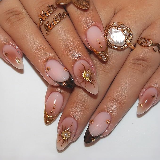 24Pcs Gold French Tip Press on Nails Medium Almond Fake Nails 3D Pearl Sun Star Acrylic Nails Gold Beads Full Cover French Tip False Nails Glossy Chrome Glue on Nails Reusable Stick on Nails for Women