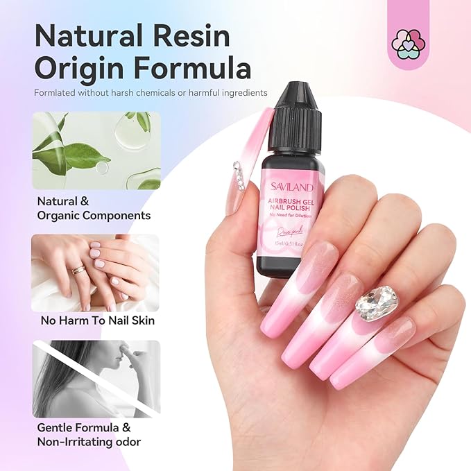 SAVILAND Airbrush Gel Nail Polish Hema-Free: Dilution-Free 24 Colors Airbrush for Nails Non-Acetone for Gradients Nails Blush Layered Nail Art Various Pattern High Color Saturation for Home Salon Kit