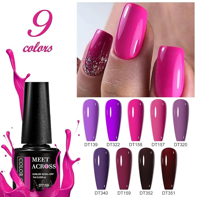 MEET ACROSS 12pcs Gel Nail Polish Set,Soak Off UV LED Lamp Gel Nail Polish Kit,Fashion Shimmer Nail Art Design Gifts for Women Manicure Salon (Purple Red)