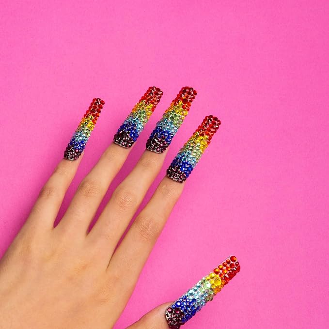 LOVFUL Press on Nails Rainbow | Handmade with Full Covered Crystals | Reusable Fake Nails | Square Long 2.2 in | H90-L