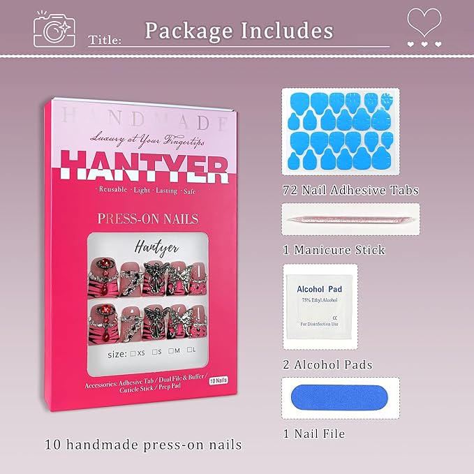 10pcs Edgy French Press on Nails with Tools Kit, Short Duckbill Glossy Pink Leopard French Tips, Cross & Butterfly 3D Carvings, Icy Dark Style, Reusable & Easy Apply for Parties (Size S)