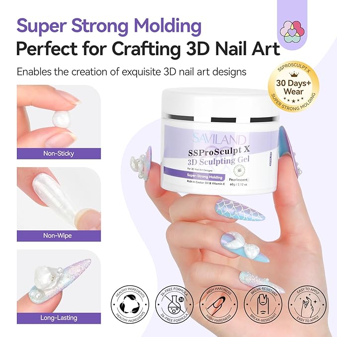 SAVILAND Pearl Solid 3D Nail Gel for Wedding Nails: Ultra Strong Molding Sculpting Nail Gel 2.12 oz Pearlescent Molding Gel No Stciky Nail Gel Nail Carving Professional Use Salon