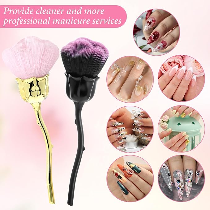 2PCS Nail Dust Brush Powder Remover Large Acrylic Nail Art Dust Brushes Rose-Shaped Fluffy Duster Brush for Nail Dust Collector Trimming Cleaning Makeup Brush Tools Pink Black