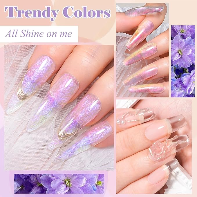 MEET ACROSS 7Pcs Aurora Solid Builder Nail Gel 5 IN 1 Solid Sculpture Builder Kit Clear Pink Purple Non-Stick Hand Nail Extension Gel Manicure DIY for Women