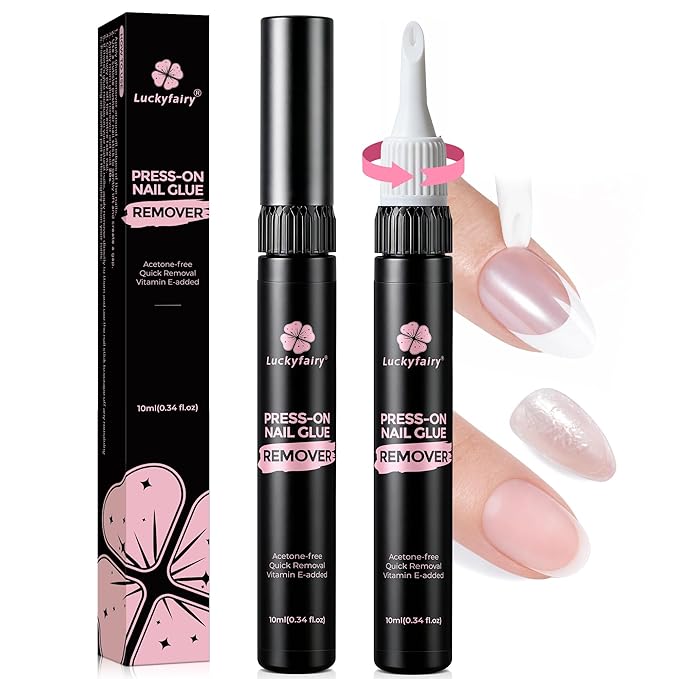 2pcs Nail Glue Remover: Tool-Free Press on Nail Glue Remover Pen, Easy Removal Design, Non Acetone Gentle Formula Quick Nail Polish Remover for Nails Tips