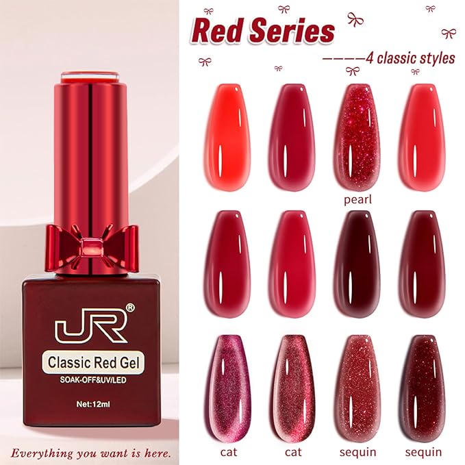 JR 12pcs 12ml Deep Red Gel Polish Set Includes Cat Eye Nail Polish Gel Glitter Pearl Gel Nail Polish Kit Salon-Quality Long-Lasting, Chip-Resistant Gel Polish Set for Nail Salon DIY&Professionals