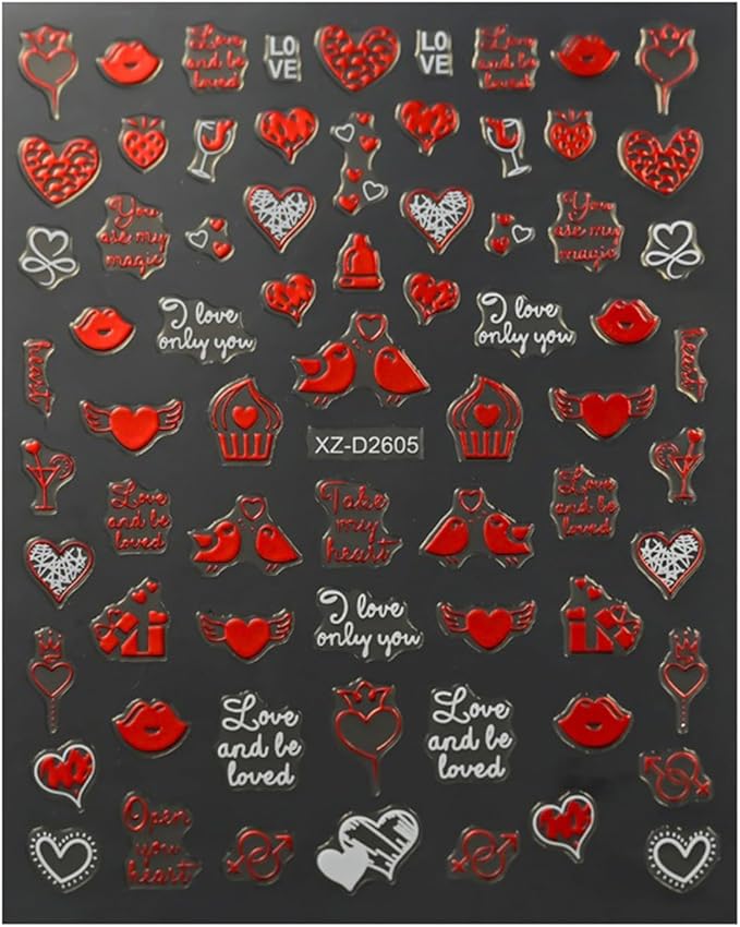 Valentines Nail Art Stickers Heart Nail Decals Glitter Charms Rose 3D Self-Adhesive Lipstick Mark Valentines Day DIY Date Nail Supplies Decorations for Women Girls 6 Sheets