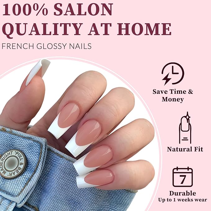 120PC White French Tip Press on Nails Medium Fake Nails Press ons with 5*Adhesive Tabs, Brown Square Acrylic Nail Press on Nail French Tip Nails False Artificial Fingernails Stick on Nails-L