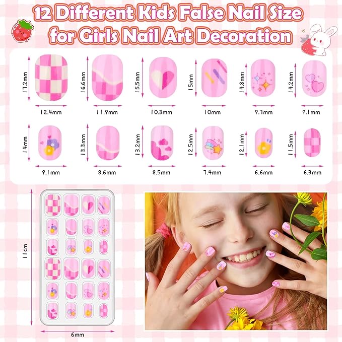 288 Pieces Kids Stick On Nails Girls, Acejoz Fake Nails Set Self Adhesive Press on Nails Tips for Little Girls Children 8-12 Year Kids Nail Decoration