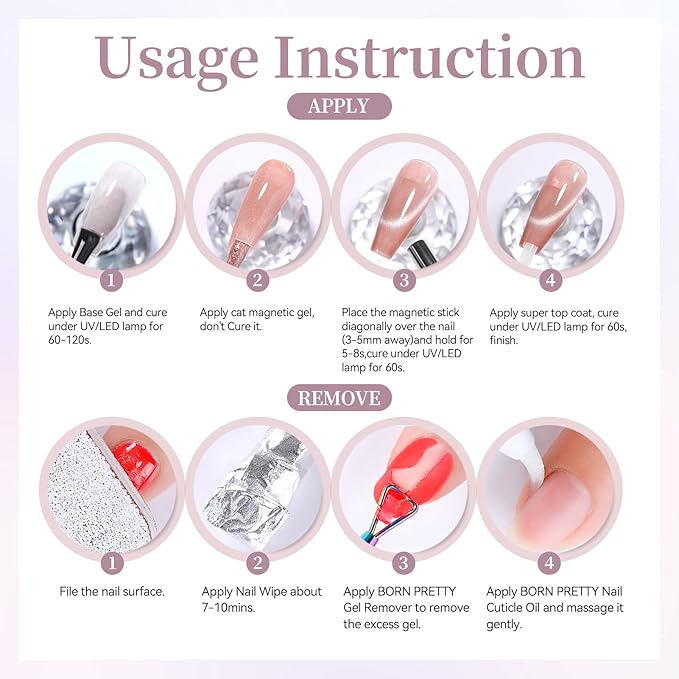 Born Pretty Cat Magnetic Eye Gel Nail Polish 6 Color Peach Pink Nude Light Purple Silver Magnetic Shimmer Glitter Gel Polish Soak Off U V Nail Gels 7ML