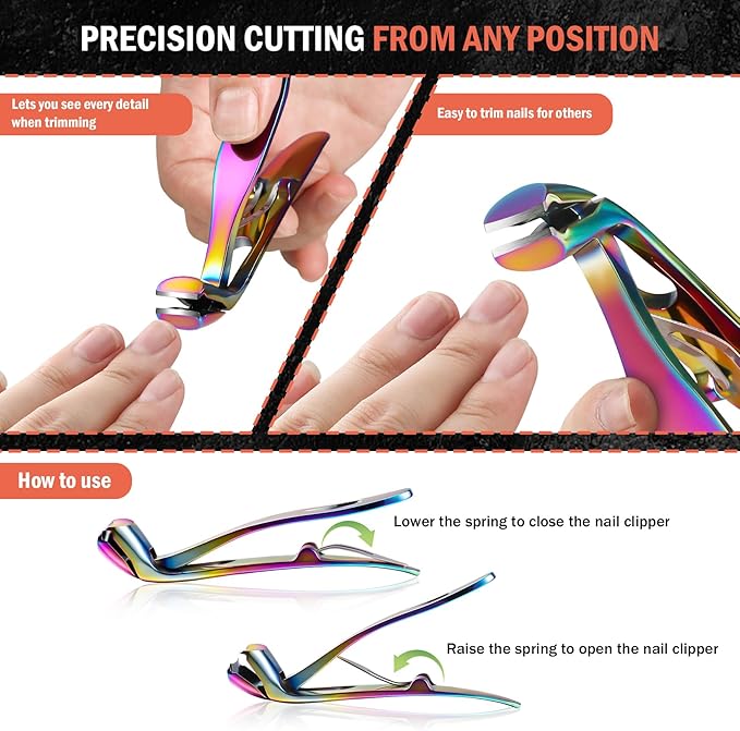 BEZOX Toe Nail Clippers for Seniors - Ergonomic Toenail Clipper for Thick Nails for Seniors, Angled Head Fingernail Clippers with Catcher for Men and Women - Rainbow