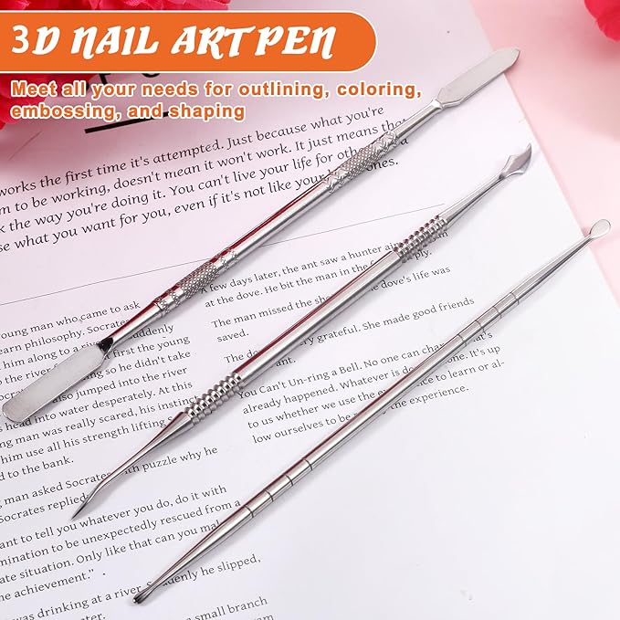 3 Pcs Nail Art Sculpture Pen, Stainless Steel 3D Gel Nail Art Sculpting Tool Dual Tipped Dotting Tool Dual-Head Fingernail Polish Design Tools for Salon Home DIY Foil Carving Drawing (Silver)