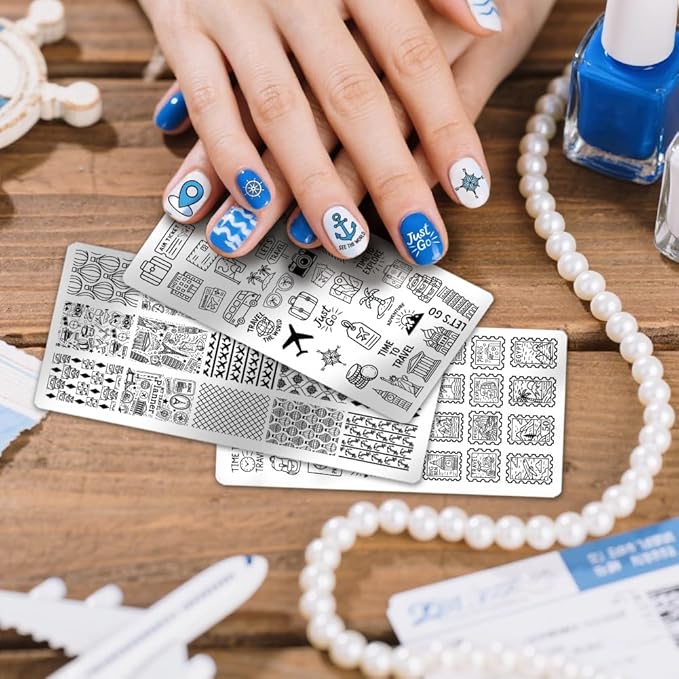 PH PandaHall 3pcs Travel Elements Nail Stamping Plates Postage Stamp Nail Art Stencils Compass Camera Nails Art Templates Adventure Travel Nails Design Stamp for Women Manicures Salon DIY Printing