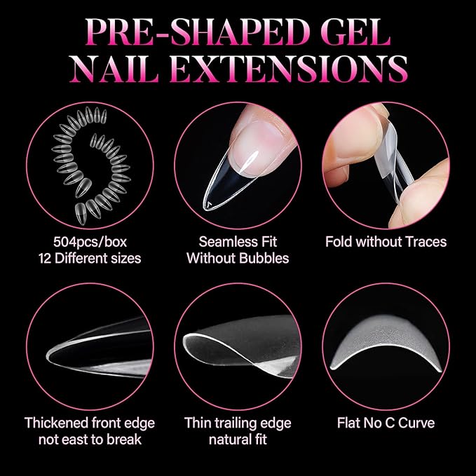 AIMEILI Long Stiletto Acrylic Nail tips Fake Nails, Pre-shape 504pcs Round Soft Gel Nail Tips Press on Nails for Full Cover False Nails 12 Sizes