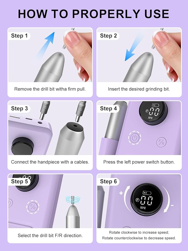 COPPA Portable Nail Drill, NDK106 Electric Nail Drill Professional Kit with 12 Bits 31 Sanding Bands, 45000RPM Rechargeable Nail Drills Machine for Acrylic Nails Gel Polishing Removing, Home & Salon