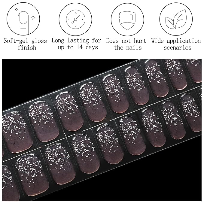 20Pcs Semi Cured Gel Nail Strips Pink Glitter Gel Nail Stickers Self Adhesive Nails Wraps UV/LED Light Needed Glossy Nails Polish Strips for Women Includes Prep Pads, File, Wooden Cuticle Stick