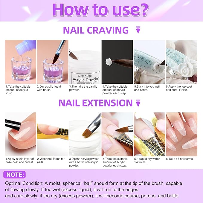 Major Dijit Acrylic Nail Kit with Drill Clear White Pink Acrylic Powder Acrylic Liquid Top Coat Base Coat Nail Primer Set for Beginners with Everything DIY Nail Art Tool Gift Home Salon